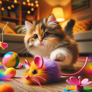 Adorable Domestic Cat Playing with Colorful Toys in Cozy Living Room