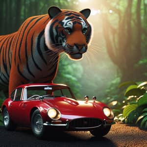 Red Sports Car and Majestic Bengal Tiger in Captivating Jungle Scene