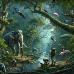 Explore Jungle Wildlife: Majestic Elephant, Flamingos, Monkeys, Parrots, Leopard