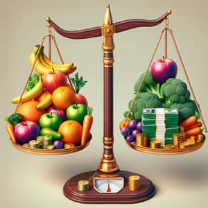 Health and Wealth Balance: Fruits, Vegetables, Currency