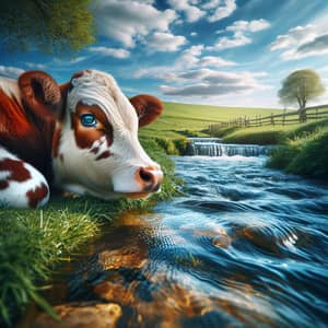 Tranquil Countryside Scene with Grazing Cow and Gentle Stream