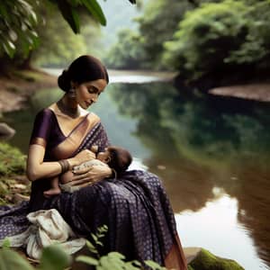 Serene South Asian Woman Breastfeeding by River