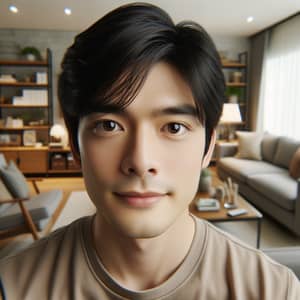20-Year-Old Asian Man Closeup Photo with Homely Furniture Background