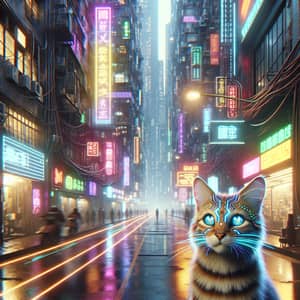 Cybernetic Cat in Neon Cyberpunk Alley
