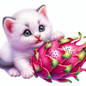 Adorable Kitten & Pitahaya: White Fur and Vibrant Fruit