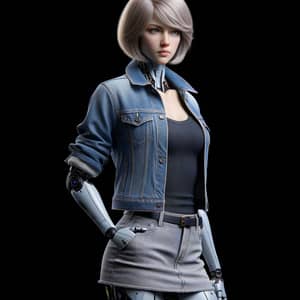 Futuristic Female Android in Denim Jacket & Miniskirt