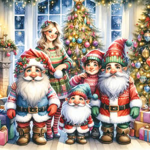 Festive Watercolor Painting of Dwarves and Humans Celebrating Christmas