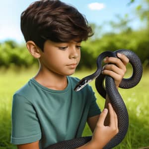 Hispanic Boy Holding a Black Snake in Lush Green Meadow