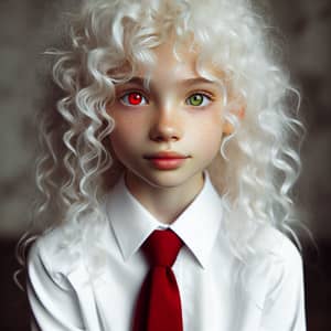 Curly White Hair & Heterochromia: Girl in White School Uniform