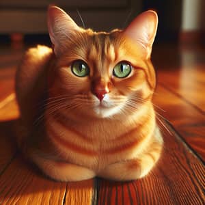 Comfortable Domestic Short-Haired Cat on Wooden Floor