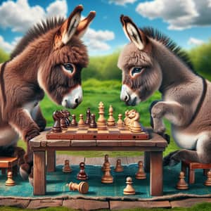 Scholarly Donkeys at Chess Table in Green Meadow