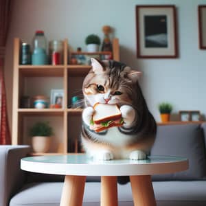 Cat Eating Sandwich on Round Table