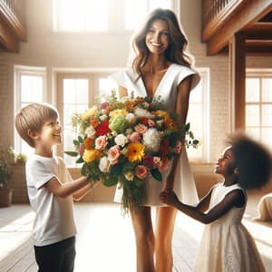 Children Surprising Mom with Multicoloured Flowers | Heartwarming Scene