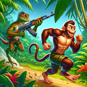 Muscular Monkey Escapes Lizard with AK47 in Vibrant Jungle