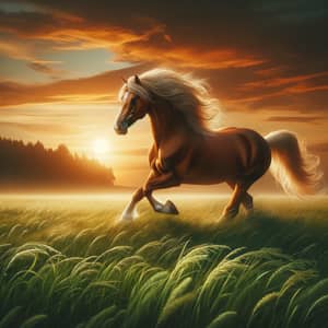 Graceful Chestnut Brown Horse Galloping in Golden Sunset Field