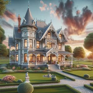 Exquisite Victorian Dream House Drawing with Towering Turret