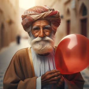 Elderly Omani Man in Traditional Attire with Vibrant Red Balloon