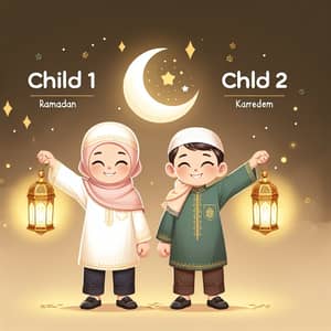 Ramadan Kareem: Traditional Muslim Children with Lanterns