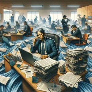Bustling Office Scene: Stressed Director Amid Corporate Chaos
