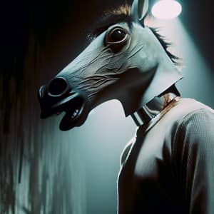 Twisted Horse Mask Man in Shadowy Setting