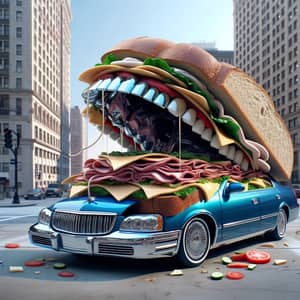 Surreal Scene: Sedan Car Devouring Enormous Sandwich