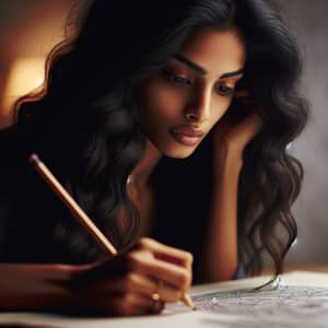 South Asian Woman Pencil Drawing Artwork