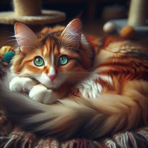 Furry Ginger and White Cat Resting in Cozy Room