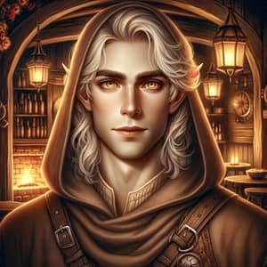Male Elf Art in Fantasy Tavern | Yellow Eyes, White Hair