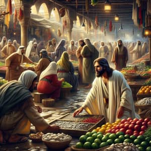 Historical Scene: Jesus Bargaining in Vibrant Wet Market