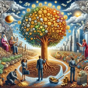 Wealth Creation Symbolism: Vibrant Money Tree and Diverse Team