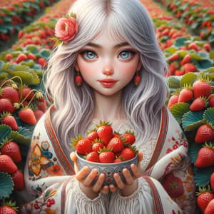 Captivating South Asian Girl in Strawberry Field with Cup of Fresh Fruits