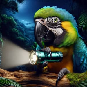 Vibrant Macaw Parrot with Flashlight in Night-Time Jungle