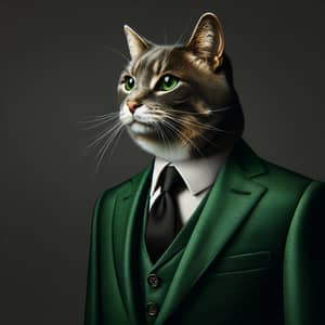 Elegant Cat in Green Suit with Black Tie