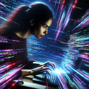 Passionate South Asian Female Developer Coding with Protective Shield of Code