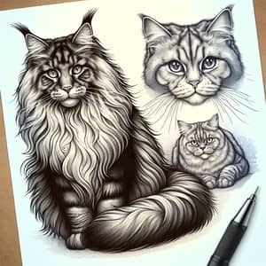 Detailed Tattoo Design of Maine Coon and Scottish Straight Cats