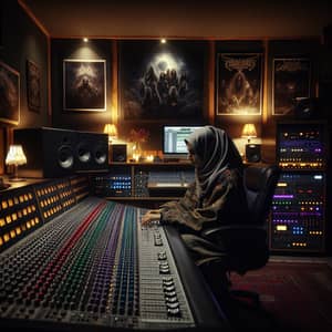 Middle-Eastern Woman Sound Engineer Tuning Tones in Music Studio