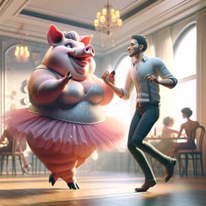 Cheerful Dancing Scene: Plump Pig Dances with Slender Man