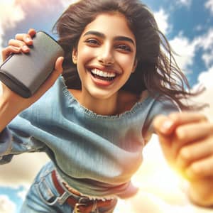 Joyful Middle-Eastern Girl Jumping with Speaker | Outdoor Happiness