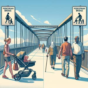 Diverse Scenes on a Pedestrian Bridge: Mother, Couple, Gentleman