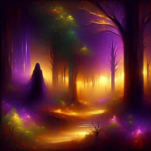 Enchanting Mystical Forest Painting in Purple & Gold