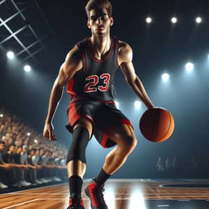 Dynamic Basketball Player Dribbling in Red and Black Jersey