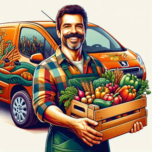 Cheerful Hispanic Farmer with Fresh Vegetables in Orange Peugeot Partner