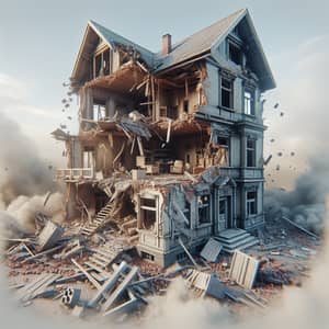Tragic Demolished House Scene: Ruined Structure & Shattered Furniture