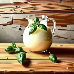 Wooden Table with Jug of Milk and Basil