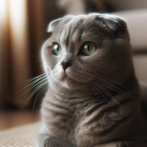 Scottish Fold Cat with Distinct Folded Ears and Grey Fur