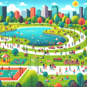 Colorful City Park Illustration with Diverse Activities | Park Scene