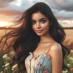 Beautiful Hispanic Girl in Sunlit Field with Long Black Hair
