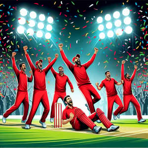 Jubilant Multicultural Cricket Team Celebration on Floodlit Pitch