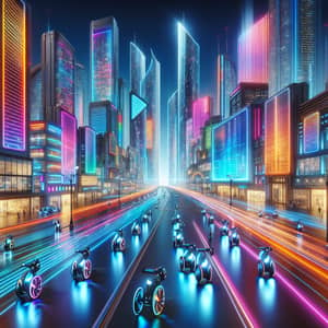 Futuristic Cityscape | Neon Lights & Electronic Bicycles