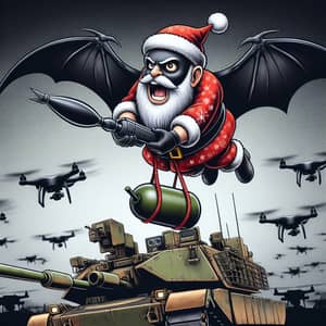 Angry Santa Dropping Bomb from Bat onto Tank in Caricature Style